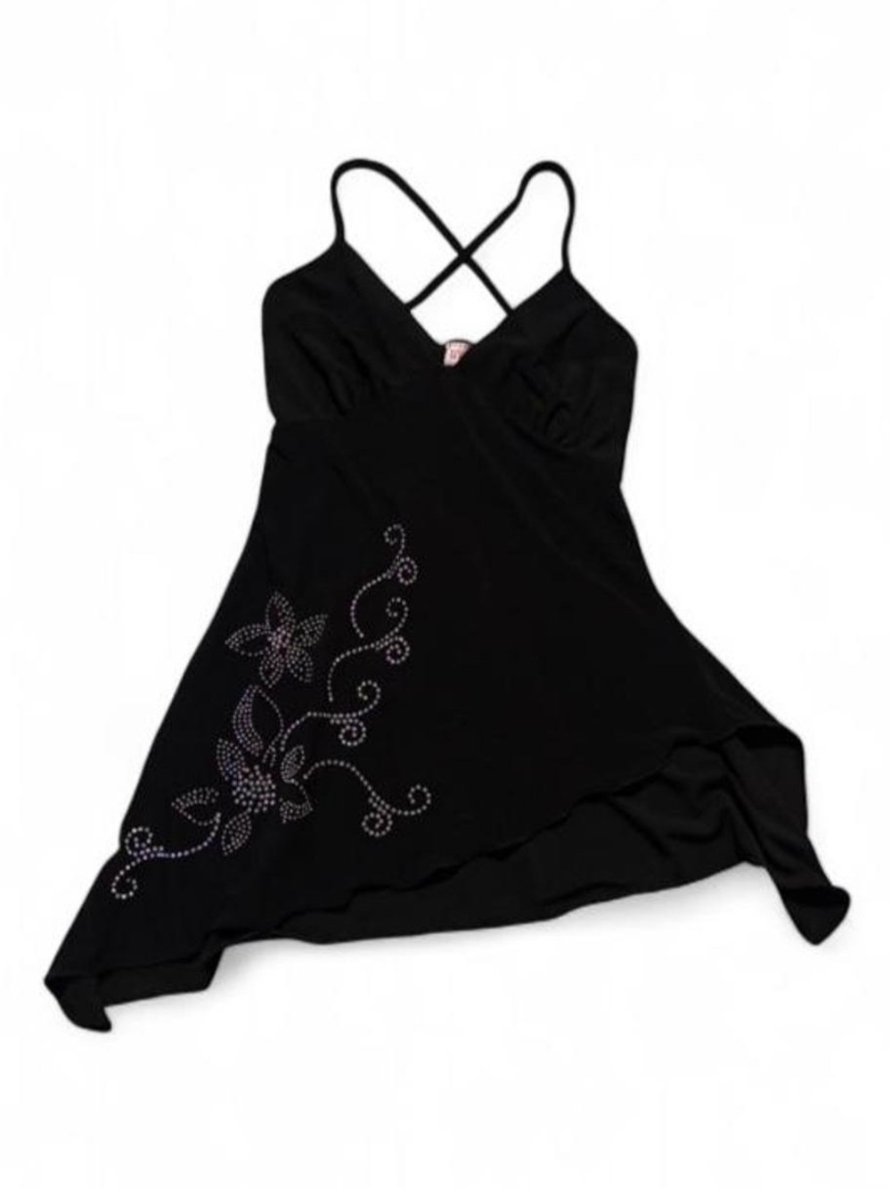 Black Crisscross Back Tank with Rhinestone Floral Accent